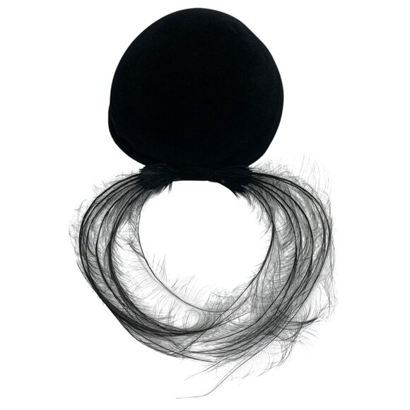 VTG Ranel Black Cloche Glory Imported Velour Hat w/ Feather Accent Chin Strap OS - Picture 5 of 8